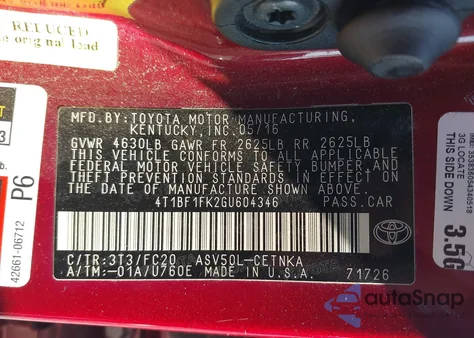 2016 Toyota Camry Le из США, поврежденный, VIN 4T1BF1FK2GU604346